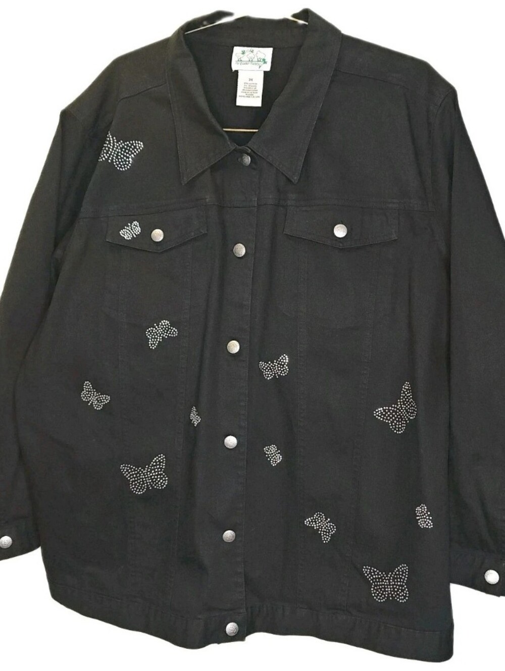 Quacker Factory Woman 3X Twill Jacket Butterfly Embellished Black Button Front